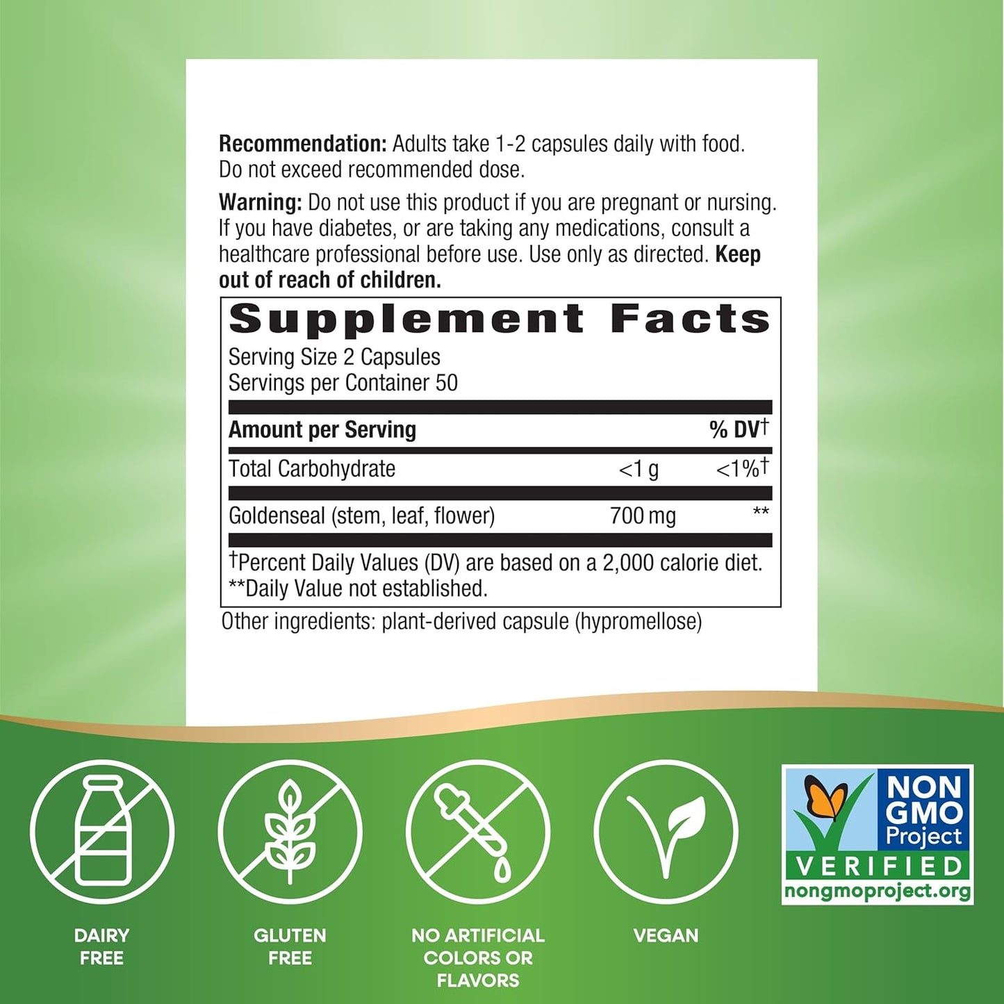 Goldenseal Herbal Supplement, 700mg per Serving, Non-GMO, Vegan, 100 Capsules by Nature's Way