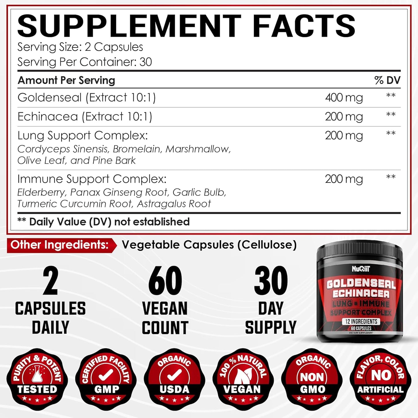 Goldenseal Root Capsules with Echinacea, Ginseng, Elderberry, Garlic - 60 Capsules for Immune Support & Digestive Health