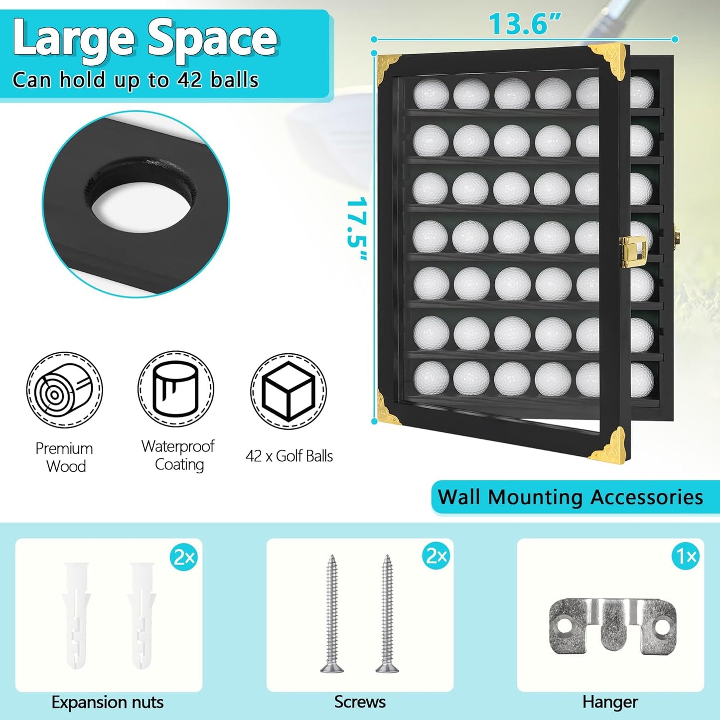 Golf Ball Display Case for 42 Golf Balls - Wall Mount or Stand - Perfect Gift for Golf Enthusiasts