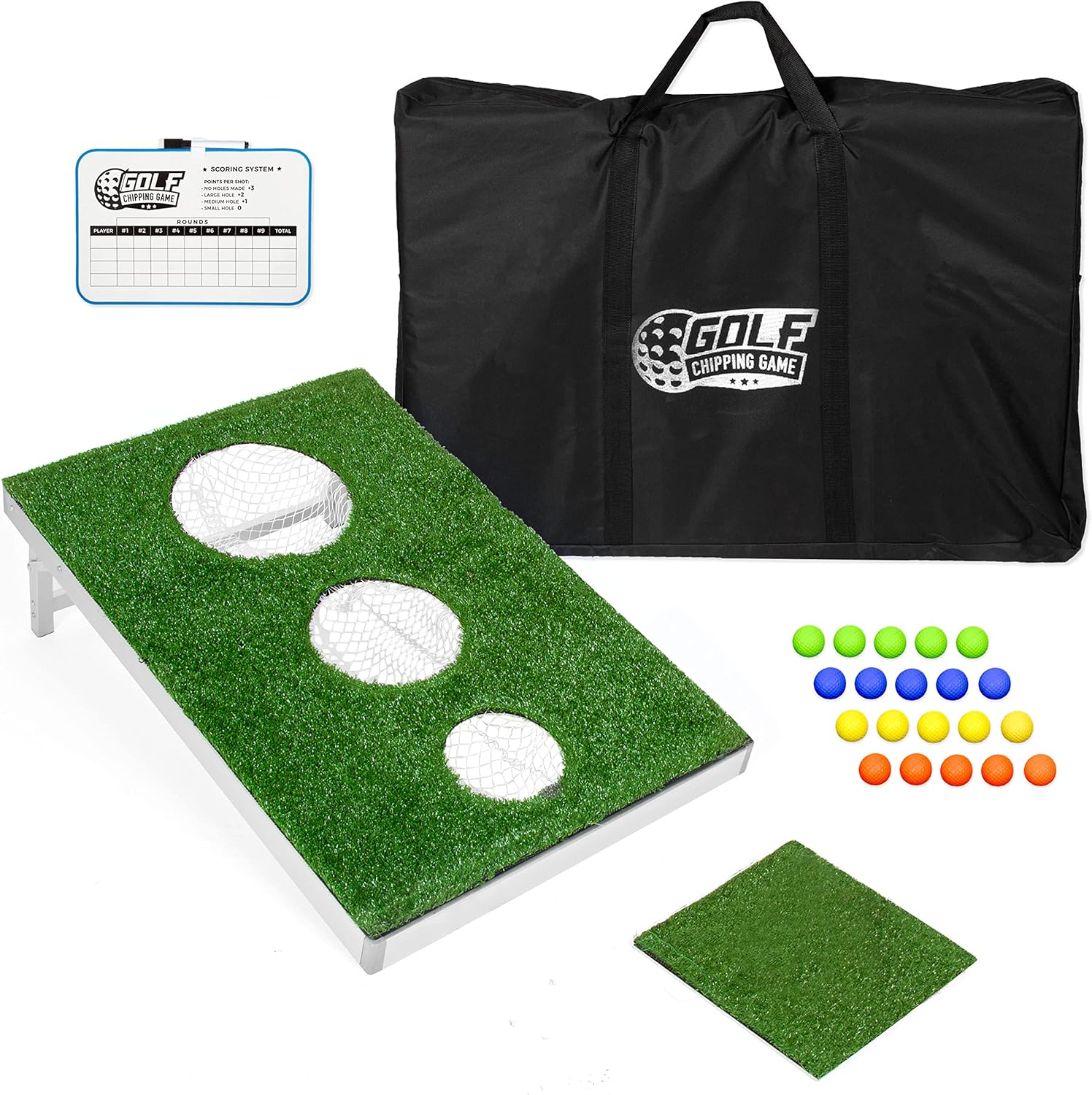 Golf Cornhole Game Set with Foam Balls, Chip Mat, Scoreboard, and Carry Case - Perfect for Golfers' Chipping Practice and Backyard Fun