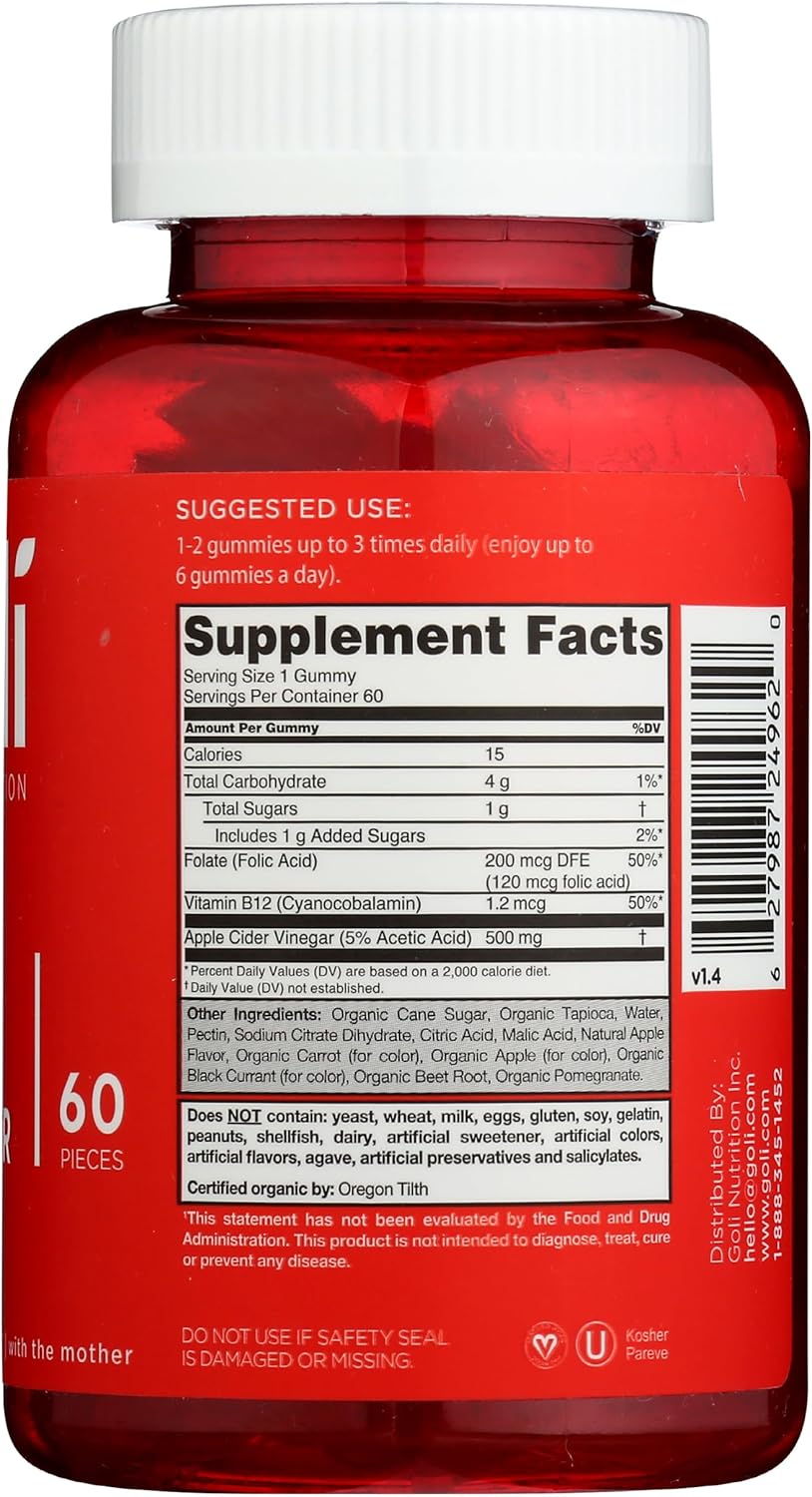 Goli Nutrition Apple Cider Vinegar Gummies - 60 Count Bottle for Digestion and Weight Management
