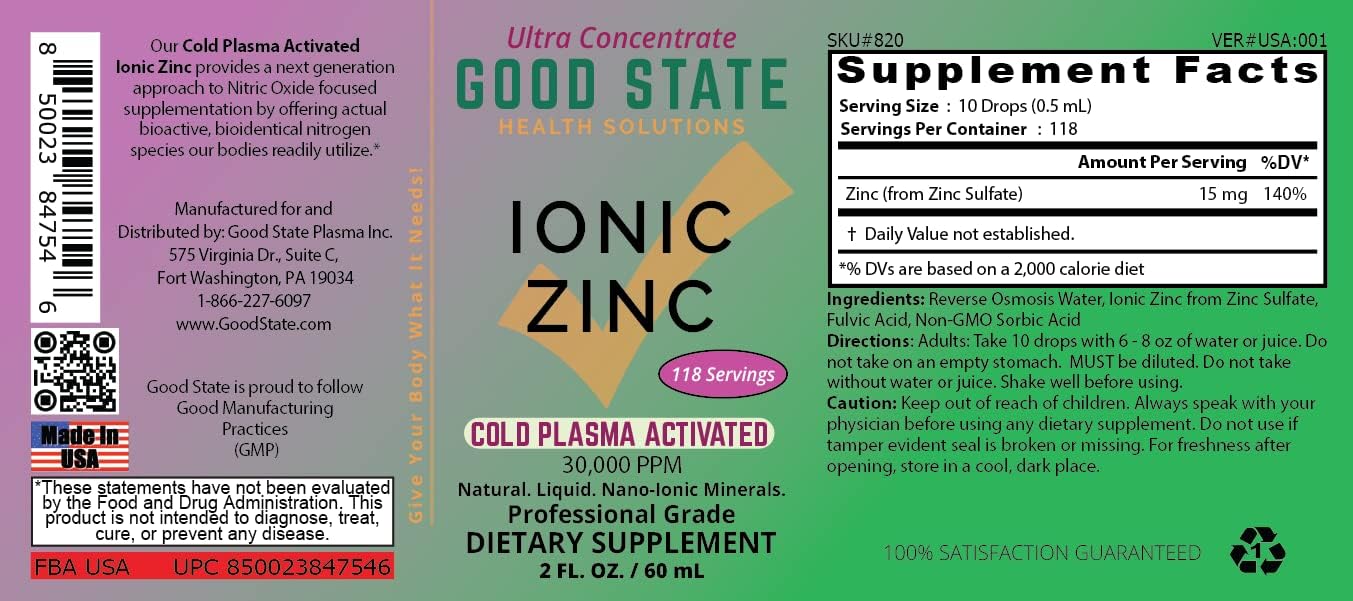 Good State Cold Plasma-Activated Liquid Ionic Zinc Ultra Concentrate - Immune Support Supplement - Non-GMO, Vegan, Child-Safe - 2 fl oz