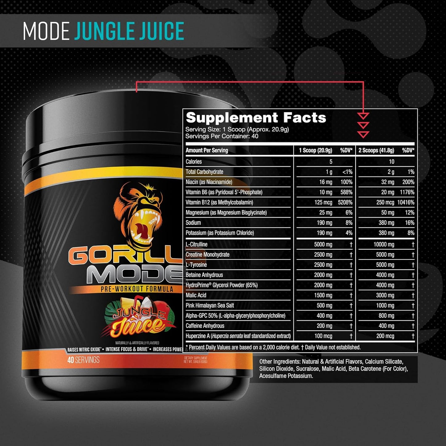 Gorilla Mind Pre Workout Supplement - Enhance Focus and Energy with L-Citrulline, Creatine, and Caffeine - 836g Jungle Juice Flavor