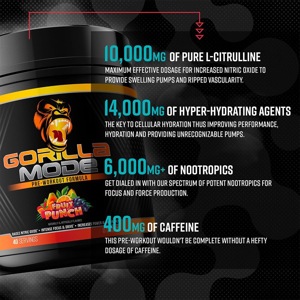 Gorilla Mind Pre Workout Supplement - Enhance Focus and Energy with L-Citrulline, Creatine, and Caffeine - 836g Jungle Juice Flavor