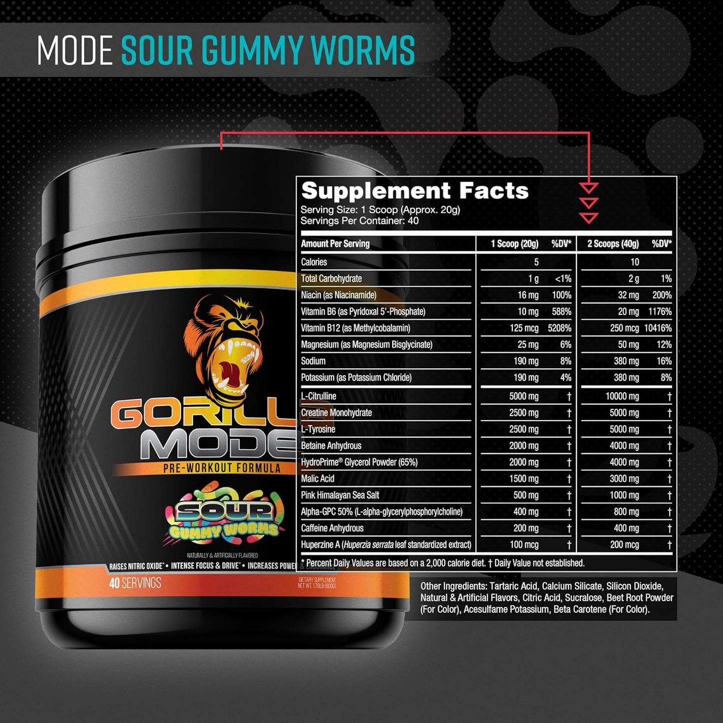 Gorilla Mind Pre Workout Supplement - Enhances Energy, Focus, and Power - 400mg Caffeine, Creatine, L-Citrulline, L-Tyrosine - Sour Gummy Worm Flavor - 800g