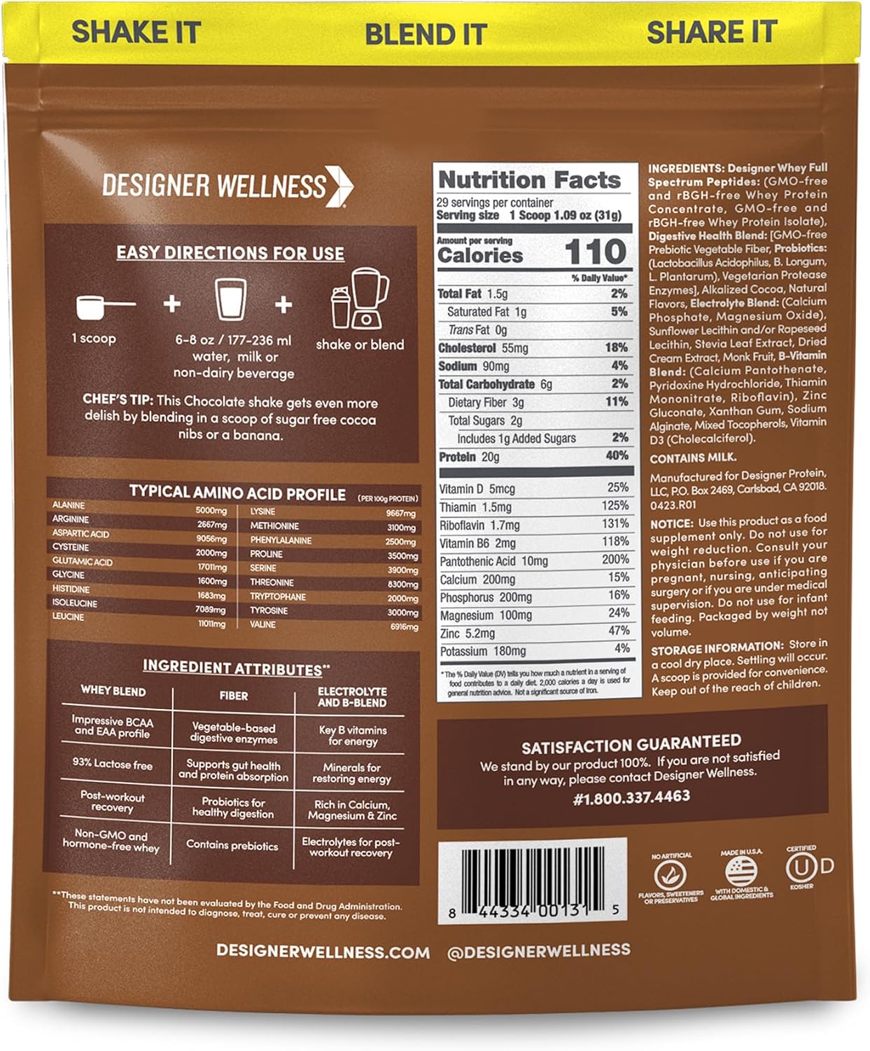 Gourmet Chocolate Designer Whey Protein Powder with Probiotics, Fiber, and B-Vitamins - 2 lb Gluten-Free Formula for Energy and Wellness