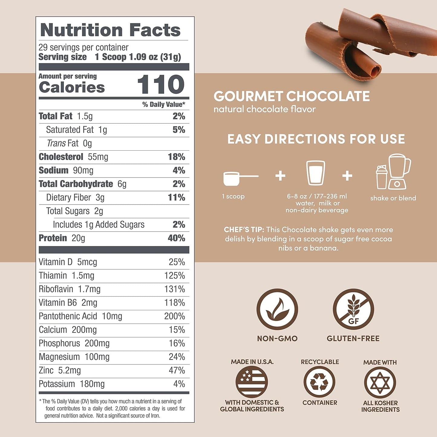 Gourmet Chocolate Designer Whey Protein Powder with Probiotics, Fiber, and B-Vitamins - 2 lb Gluten-Free Formula for Energy and Wellness