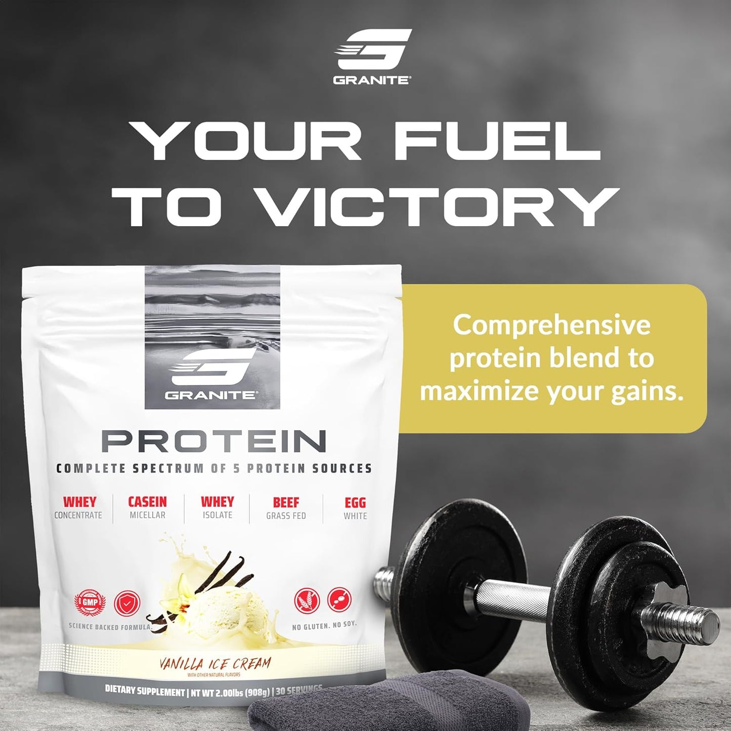 Granite Protein Powder: Vanilla Whey Isolate & Concentrate Blend with Casein for Muscle Building & Recovery - 23g Protein (30 Servings)