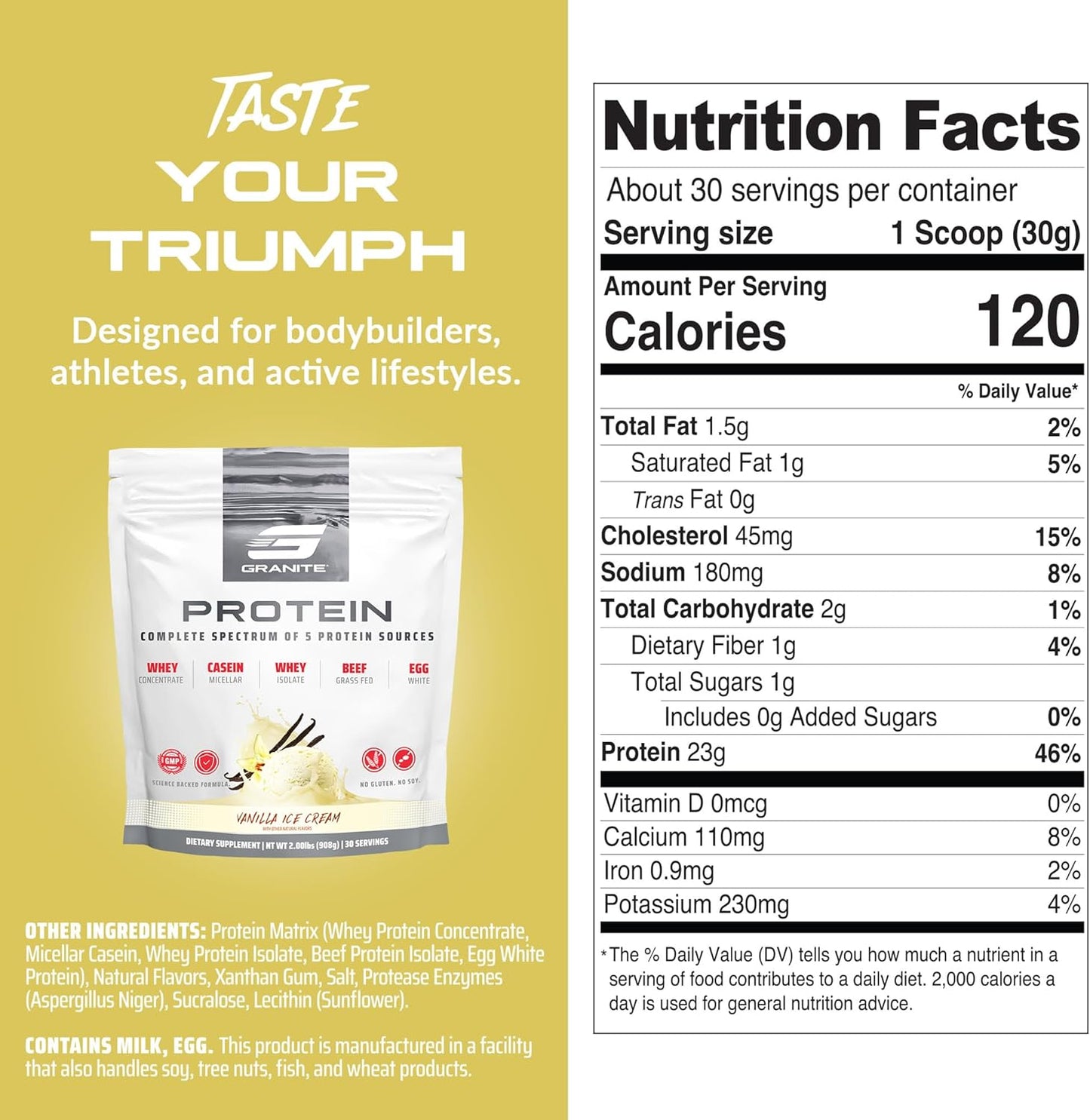 Granite Protein Powder: Vanilla Whey Isolate & Concentrate Blend with Casein for Muscle Building & Recovery - 23g Protein (30 Servings)