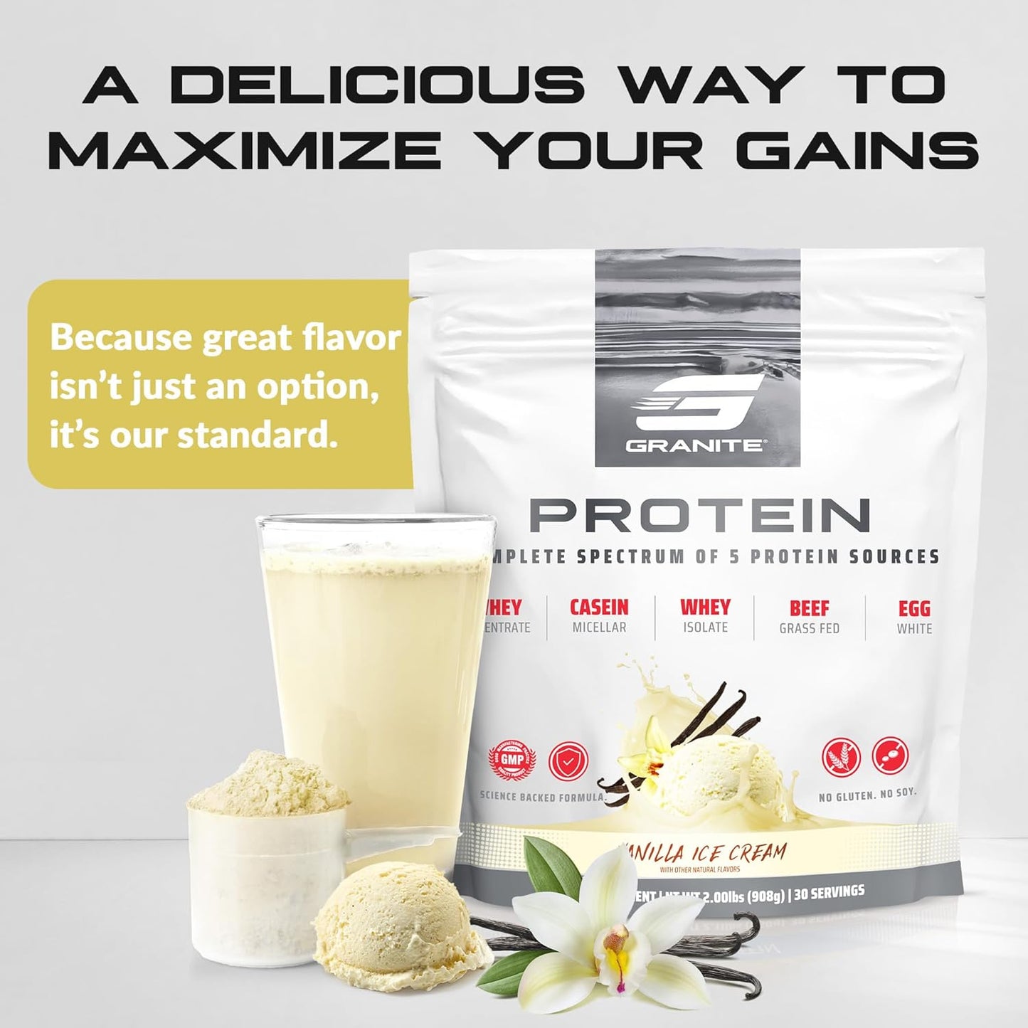 Granite Protein Powder: Vanilla Whey Isolate & Concentrate Blend with Casein for Muscle Building & Recovery - 23g Protein (30 Servings)