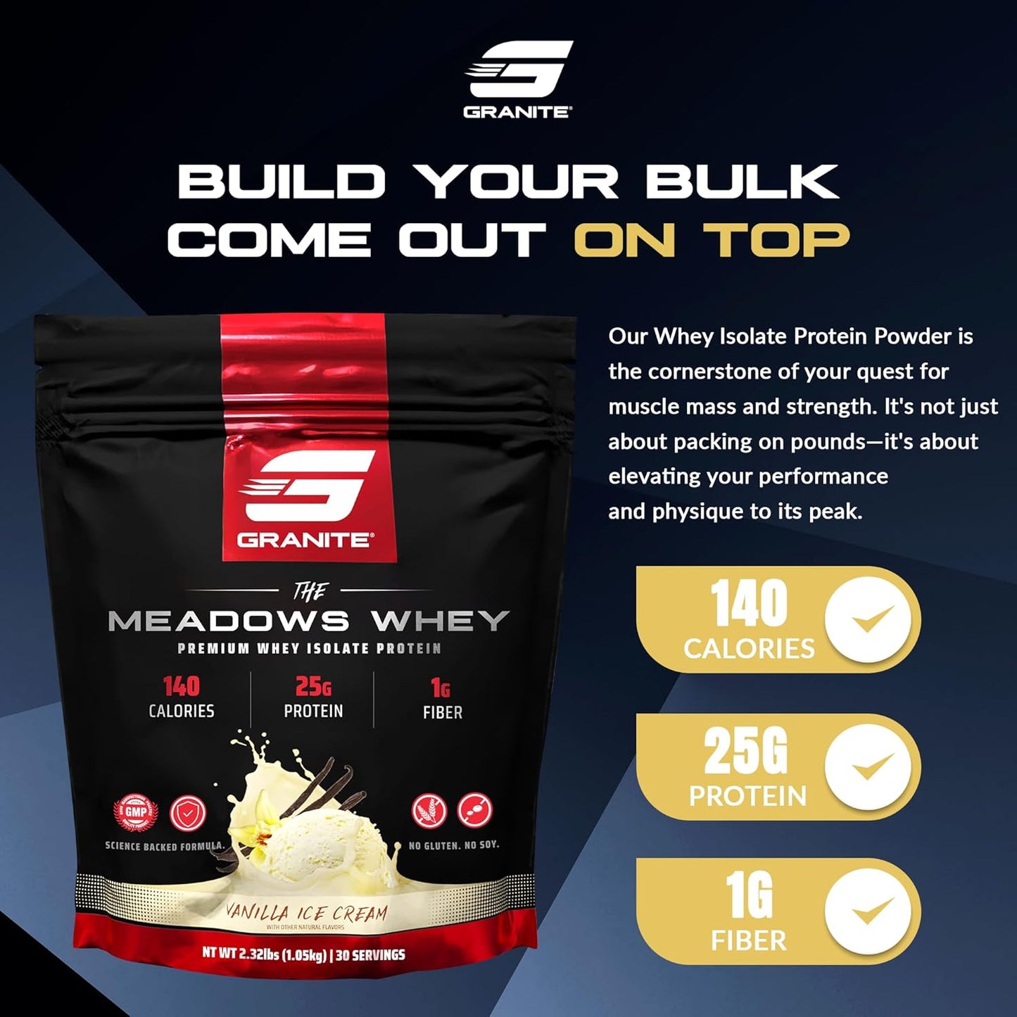 Granite Supplements The Meadows Whey Protein Isolate - Vanilla Ice Cream Flavor - 30 Servings - 140 Calories - Ideal for Lean Muscle - Low Sugar and High Fiber