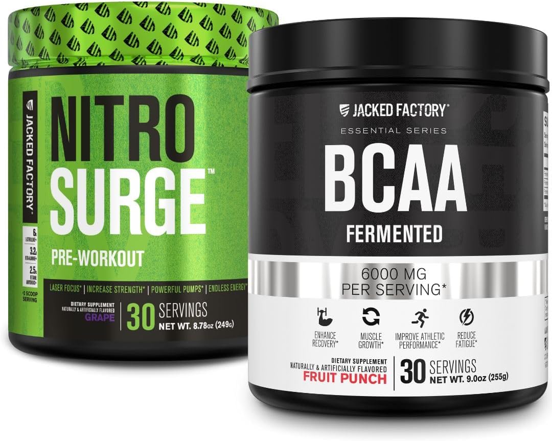 Grape Nitrosurge Pre-Workout & Fruit Punch BCAA Combo for Muscle Building and Recovery by Jacked Factory