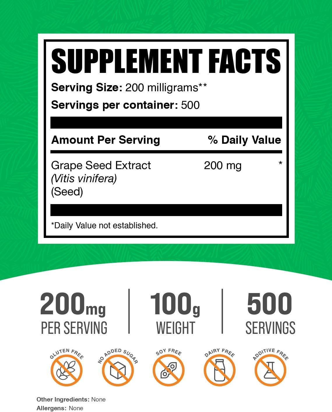 Grape Seed Extract Powder - Antioxidant Supplement, Herbal Source, Gluten Free, 200mg per Serving - 100g (3.5 oz) Pack