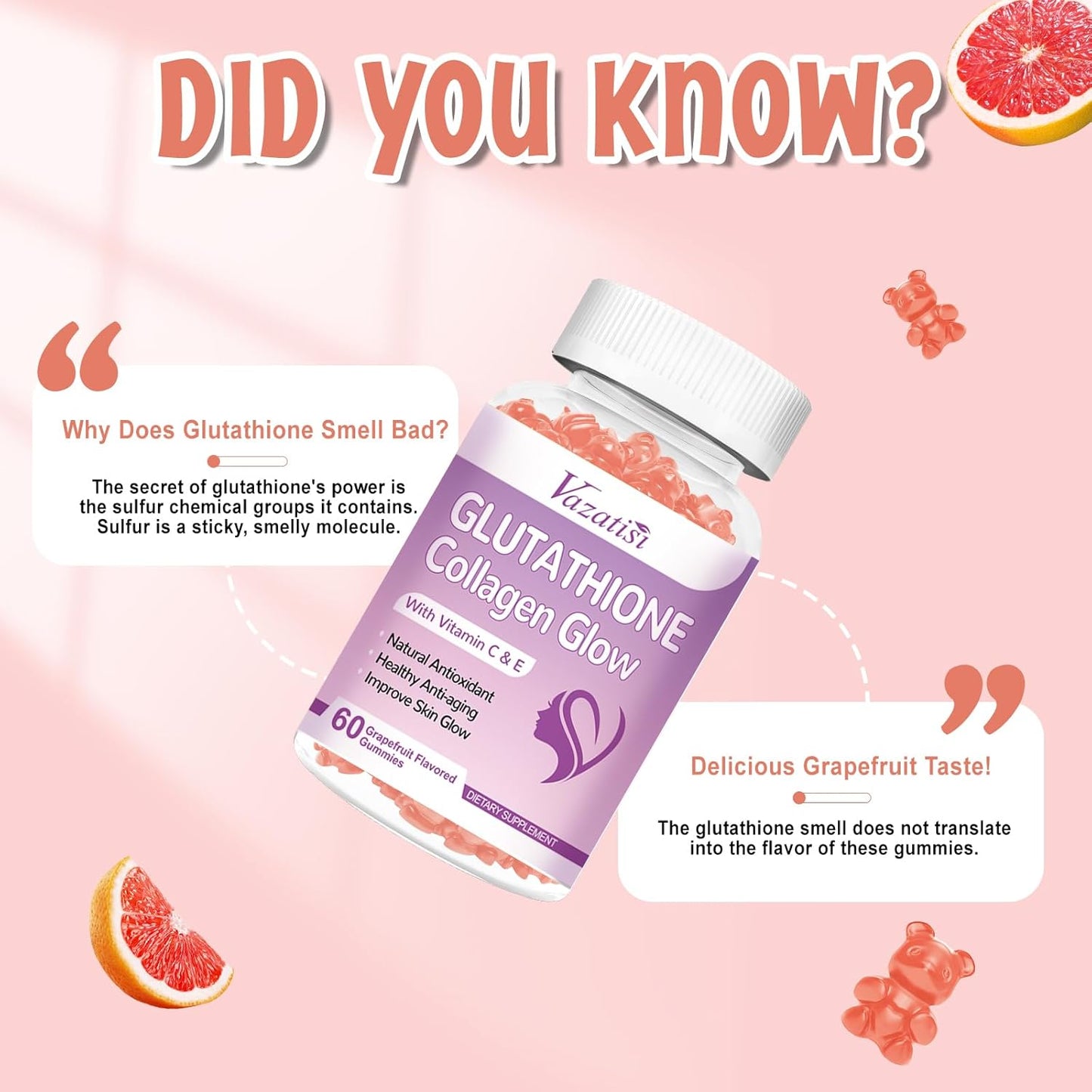 Grapefruit Flavored Glutathione Collagen Gummies for Women with Vitamin C and E - 60 Count