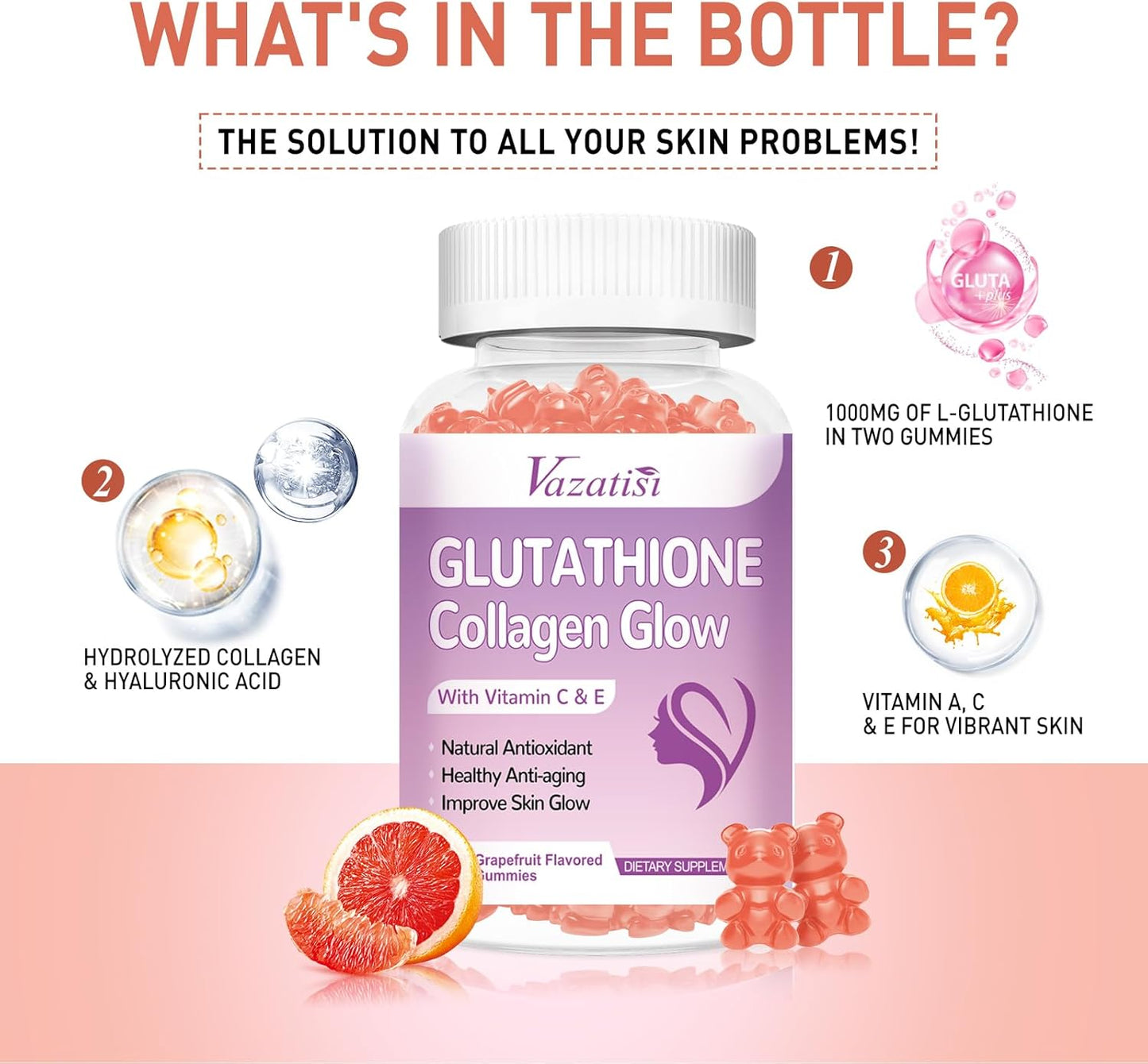 Grapefruit Flavored Glutathione Collagen Gummies for Women with Vitamin C and E - 60 Count
