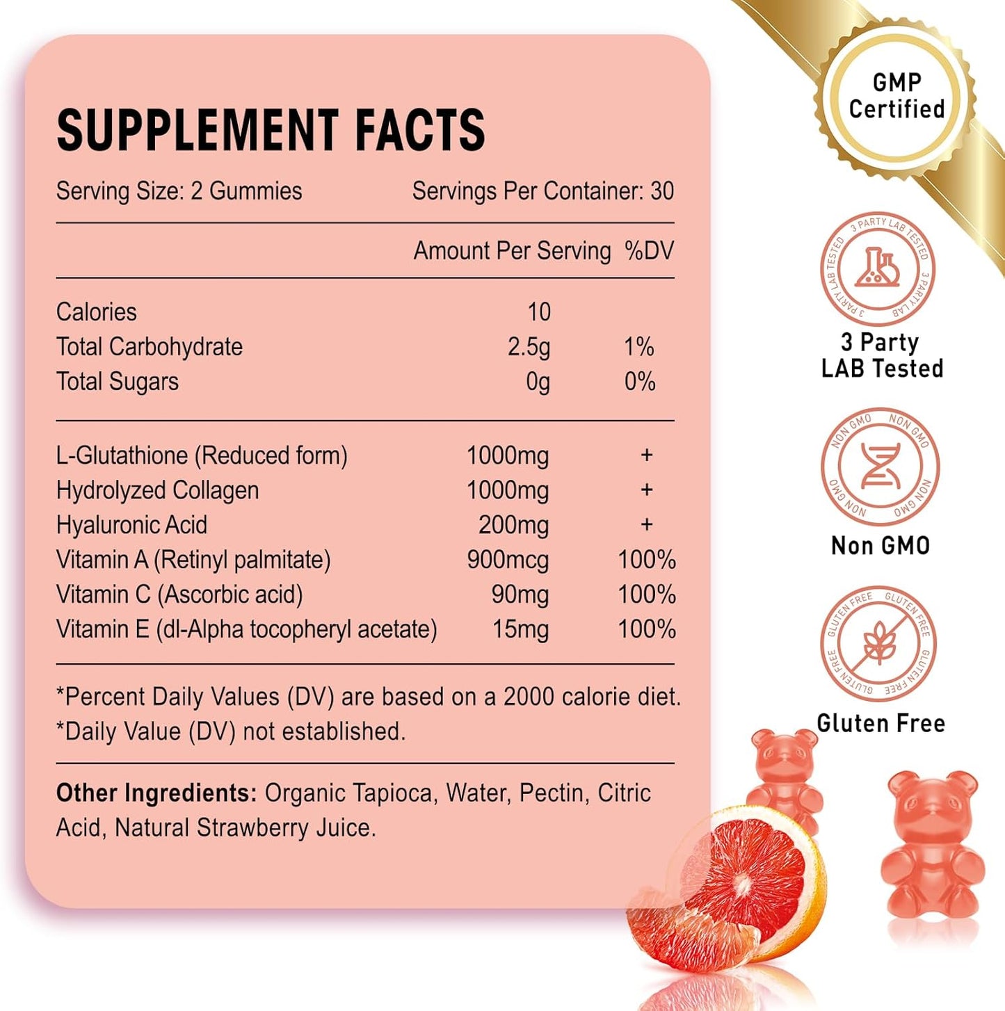 Grapefruit Flavored Glutathione Collagen Gummies for Women with Vitamin C and E - 60 Count