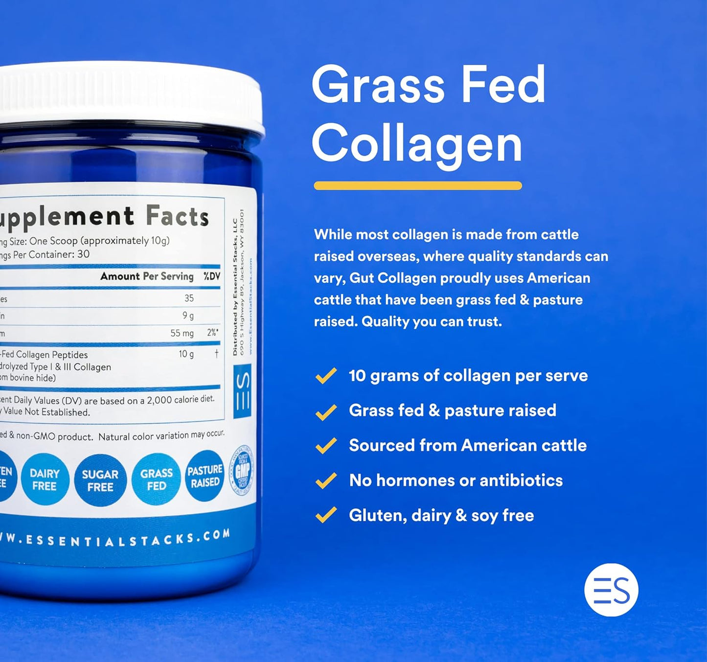 Grass Fed American Cattle Collagen Peptides Powder - Hydrolyzed Supplement (10.6 oz) - Free of Gluten, Dairy, and Soy