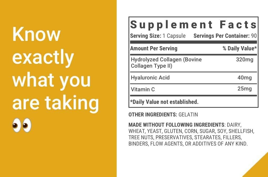 Grass Fed Beef Collagen Hydrolyzed Type 2 Capsules with Vitamin C and Hyaluronic Acid - 3 Pack for Joint and Cartilage Support