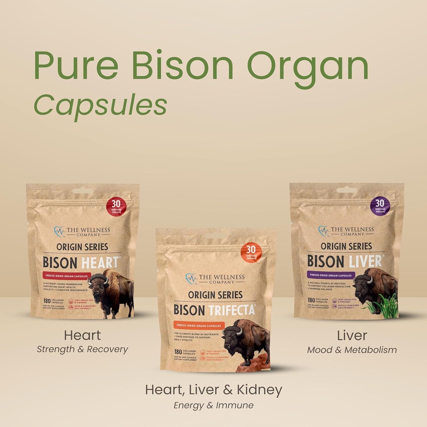 Grass-Fed Bison Heart Collagen Capsules | 180 Count | Non-GMO & Gluten-Free | Supports Strength & Vitality | 1 Month Supply