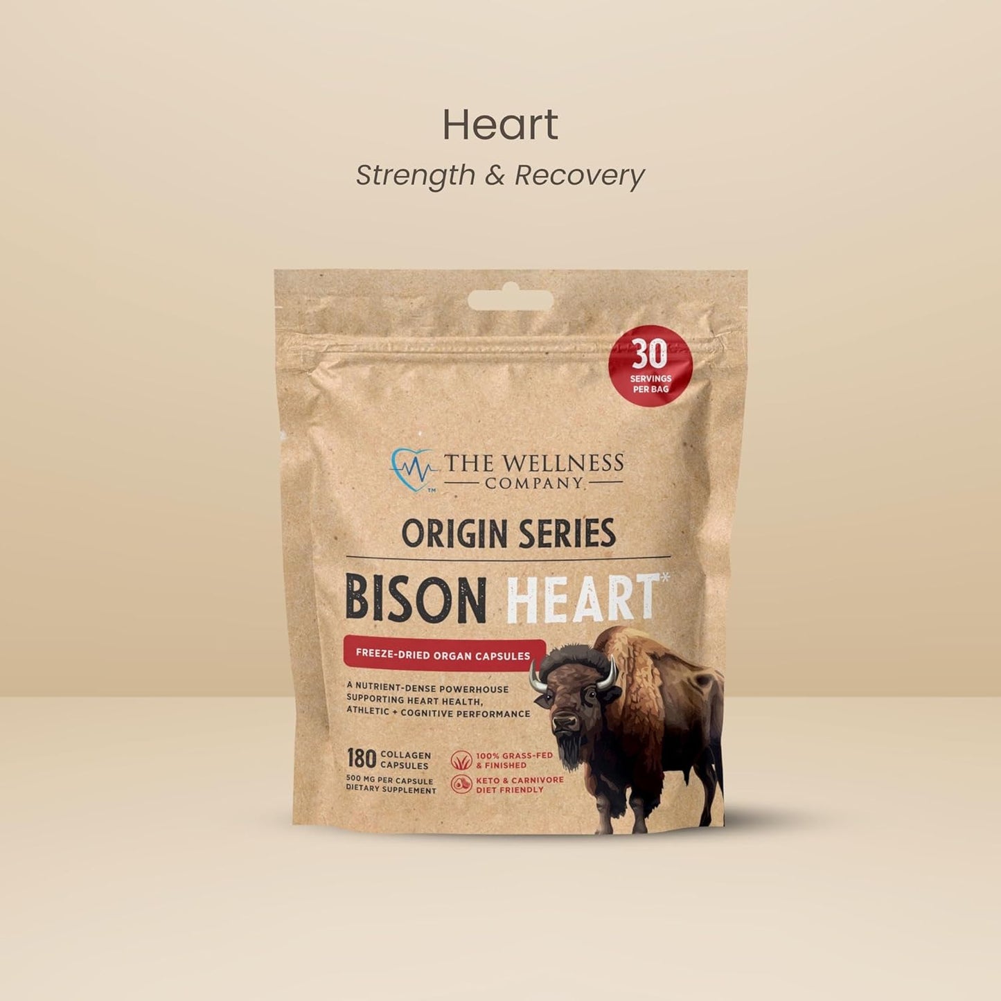 Grass-Fed Bison Heart Collagen Capsules | 180 Count | Non-GMO & Gluten-Free | Supports Strength & Vitality | 1 Month Supply