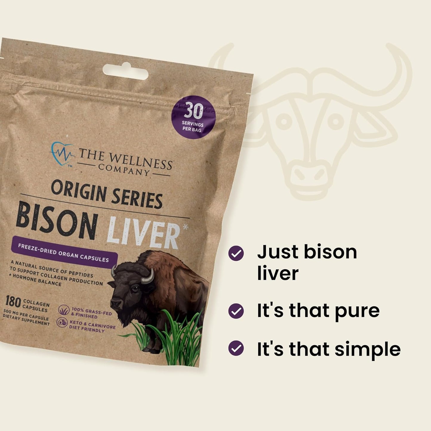 Grass-Fed Bison Liver Capsules: 180 Count - Boost Metabolism, Support Collagen Production - Non-GMO, Gluten-Free Freeze-Dried Organ Supplement