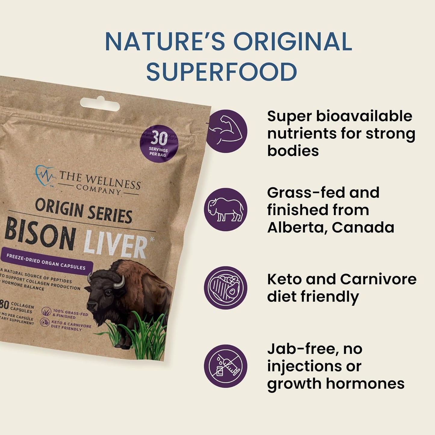 Grass-Fed Bison Liver Capsules: 180 Count - Boost Metabolism, Support Collagen Production - Non-GMO, Gluten-Free Freeze-Dried Organ Supplement