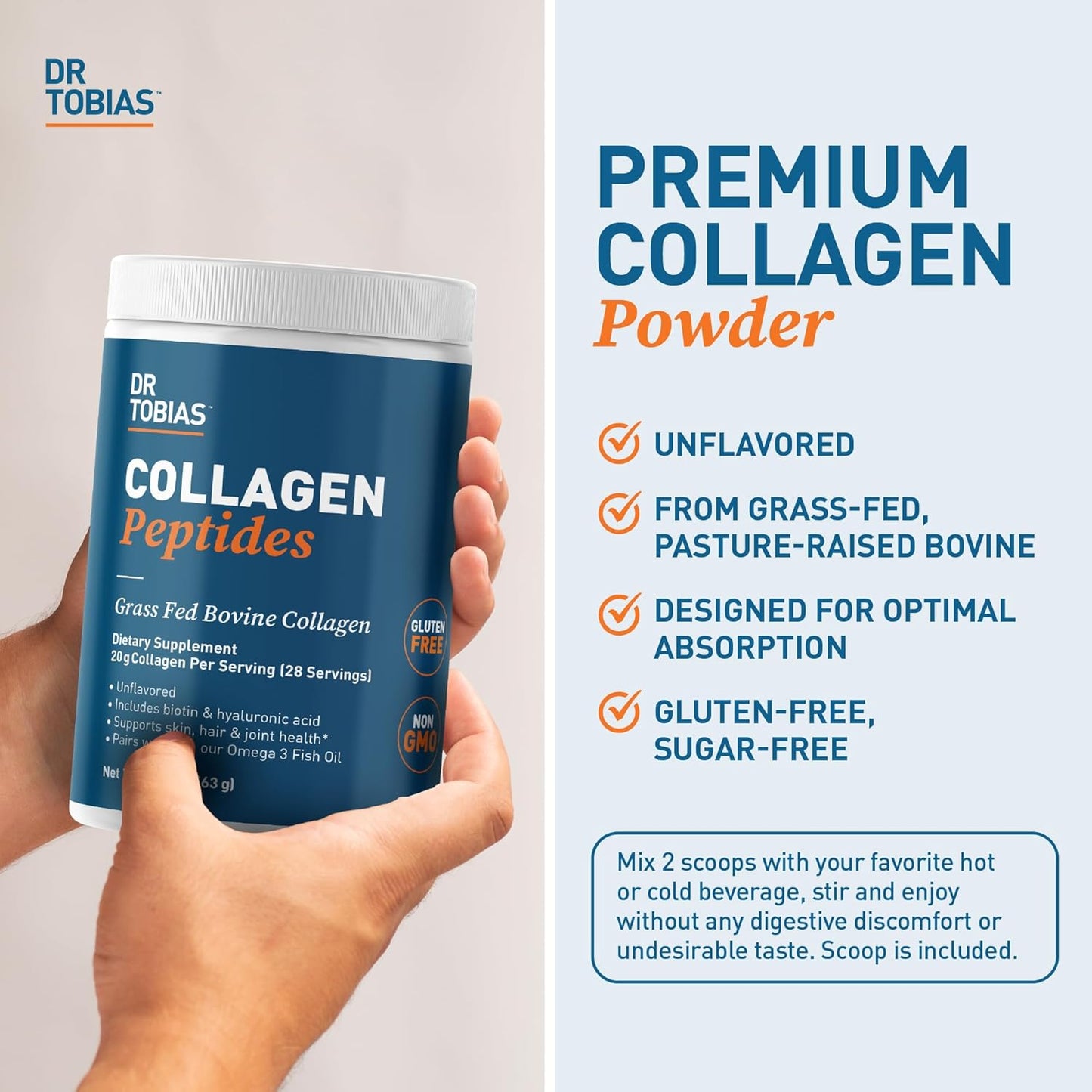 Grass Fed Bovine Collagen Peptides Powder for Hair, Skin, Nails, Bones, & Joints - Unflavored - 20 OZ