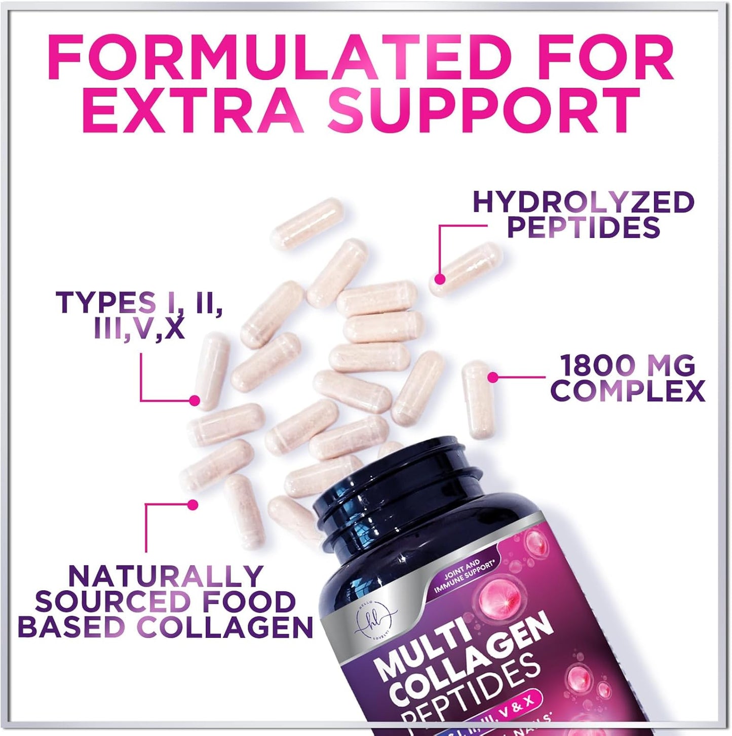 Grass-Fed Collagen Capsules for Hair, Skin, Nails, Joints - 1800mg Hydrolyzed Type I, II, III, V & X - 60 Capsules - Men & Women Support - BoostGo Australia