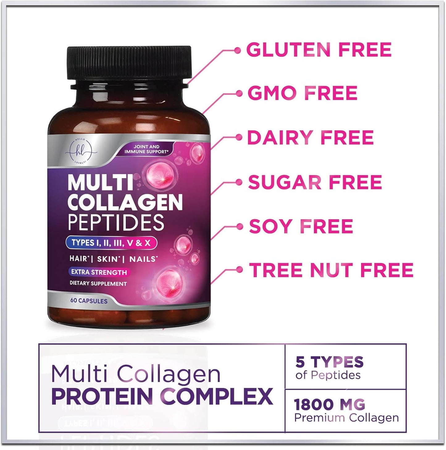 Grass-Fed Collagen Capsules for Hair, Skin, Nails, Joints - 1800mg Hydrolyzed Type I, II, III, V & X - 60 Capsules - Men & Women Support - BoostGo Australia