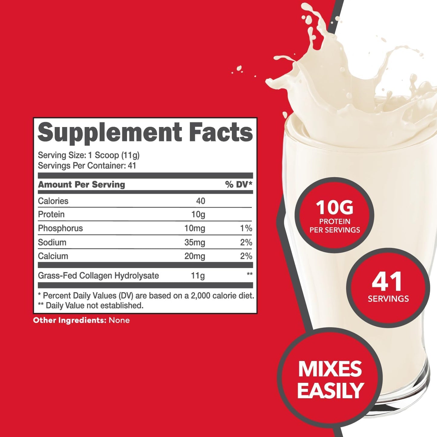 Grass-Fed Collagen Hydrolysate Powder - Unflavored, 1 LB, 41 Servings, 11g Collagen & 10g Protein Per Serving