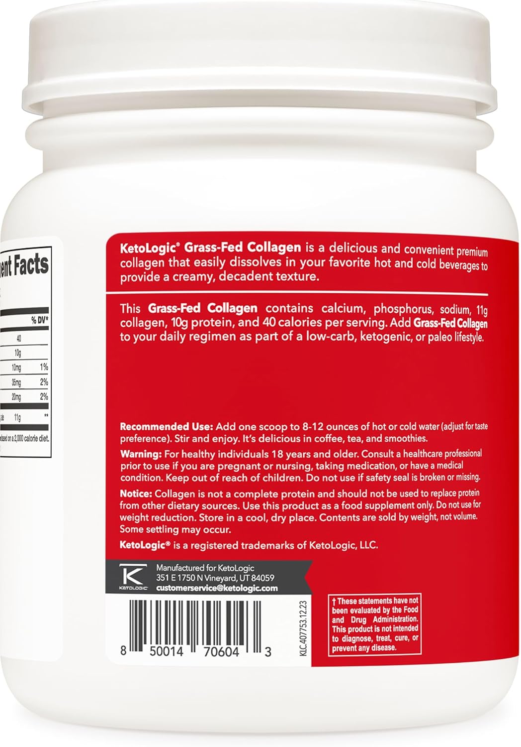 Grass-Fed Collagen Hydrolysate Powder - Unflavored, 1 LB, 41 Servings, 11g Collagen & 10g Protein Per Serving