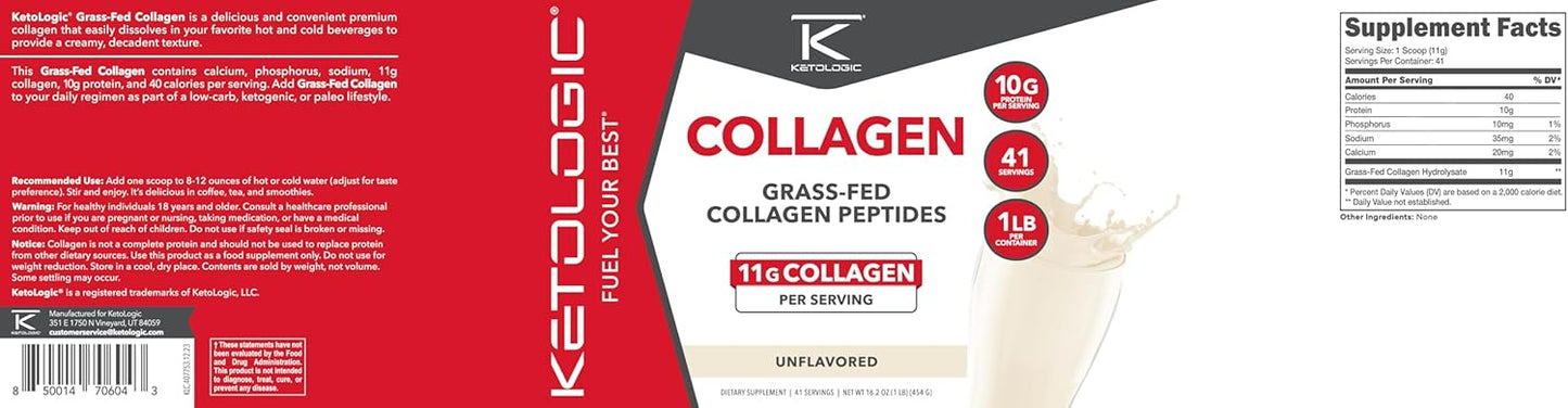 Grass-Fed Collagen Hydrolysate Powder - Unflavored, 1 LB, 41 Servings, 11g Collagen & 10g Protein Per Serving