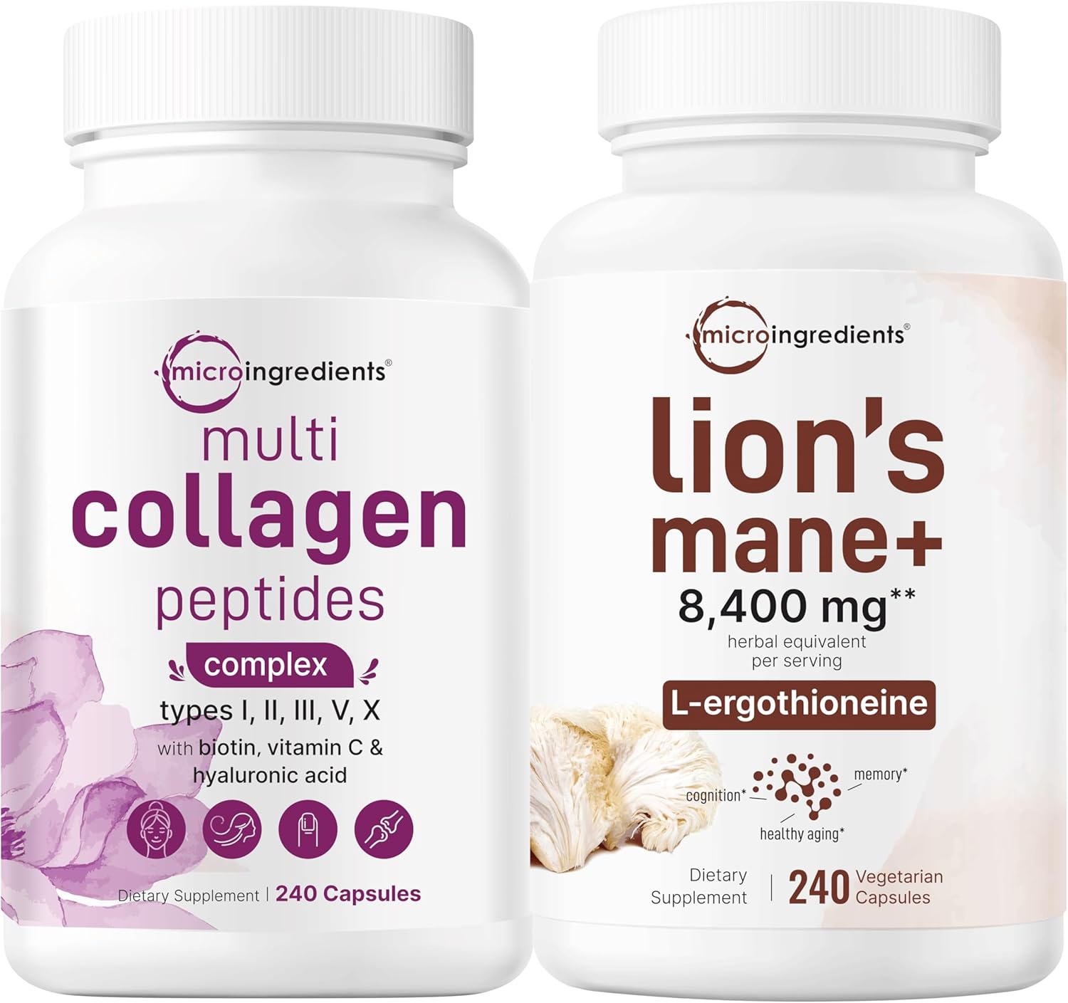 Grass-Fed Collagen Peptides & Lions Mane Mushroom Bundle - 2 Pack with 240 Veggie Capsules for Women | Superfood Antioxidants with L-Ergothioneine