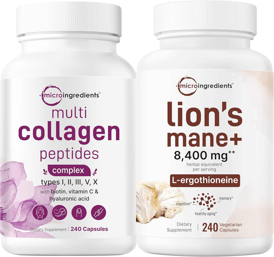 Grass-Fed Collagen Peptides & Lions Mane Mushroom Bundle - 2 Pack with 240 Veggie Capsules for Women | Superfood Antioxidants with L-Ergothioneine