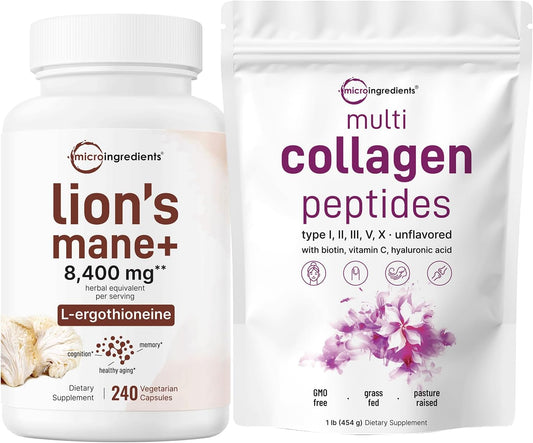 Grass-Fed Collagen Peptides & Lions Mane Mushroom Supplement Bundle - 2 Pack with Superfood Antioxidants