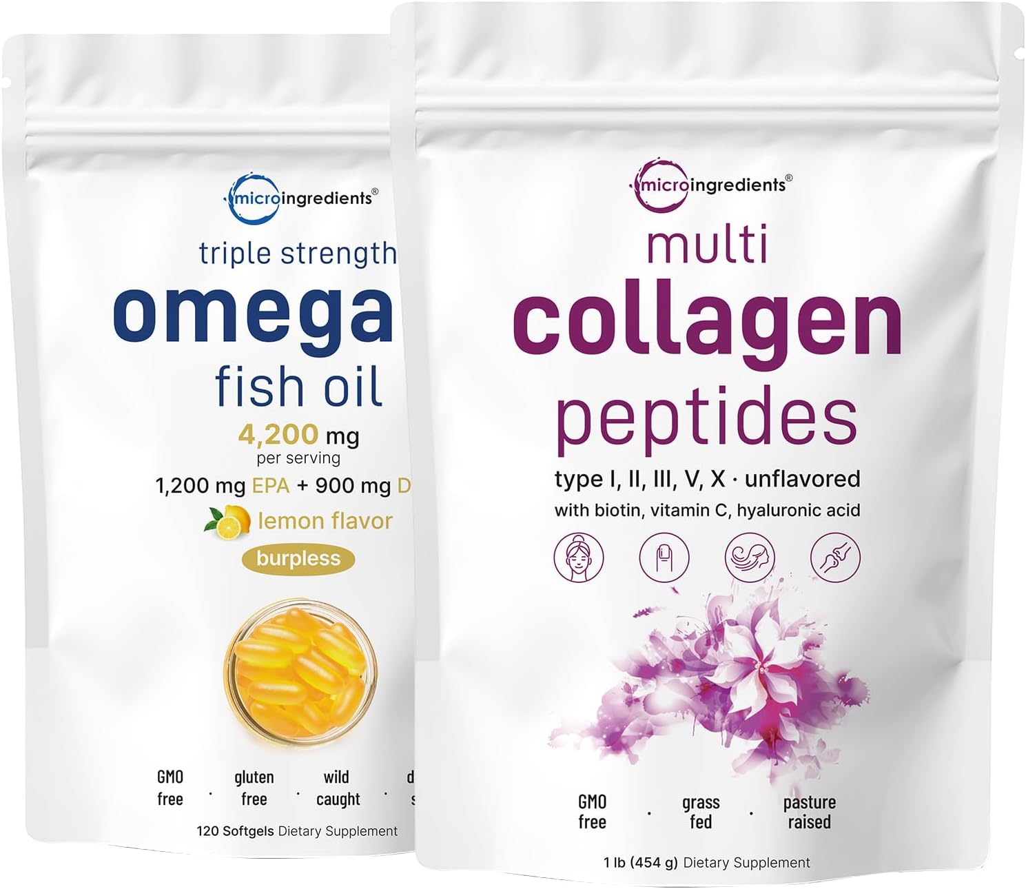 Grass-Fed Collagen Peptides & Omega-3 Fish Oil Bundle | 16oz Collagen Protein Powder & 4,200mg Fish Oil Softgels | Wild-Caught, Lemon Flavored, Burpless Formula | 2 Pack