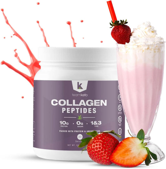 Grass-Fed Collagen Peptides Powder for Hair, Skin, Nails, Joints - Type 1 & 3 Supplement - Women & Men - Strawberries N'Cream - 397g