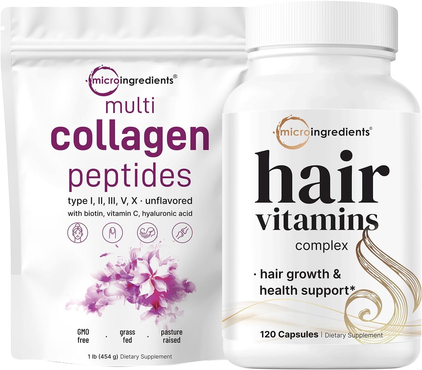 Grass-Fed Collagen Peptides Powder & Hair Vitamins Capsules Bundle | 2 Pack | 14-in-1 Hair Growth Support Formula | Micro Ingredients