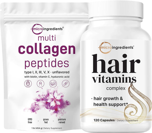 Grass-Fed Collagen Peptides Powder & Hair Vitamins Capsules Bundle | 2 Pack | 14-in-1 Hair Growth Support Formula | Micro Ingredients