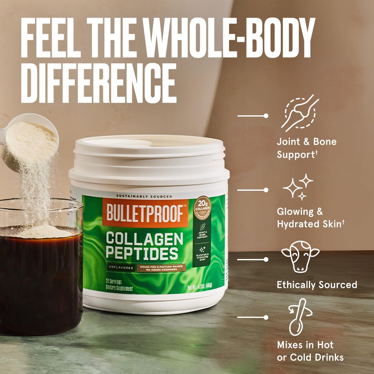 Grass-Fed Collagen Peptides Powder with MCT Oil, 14.3 oz - Skin, Bone, and Joint Support - Pasture Raised, Hormone-Free