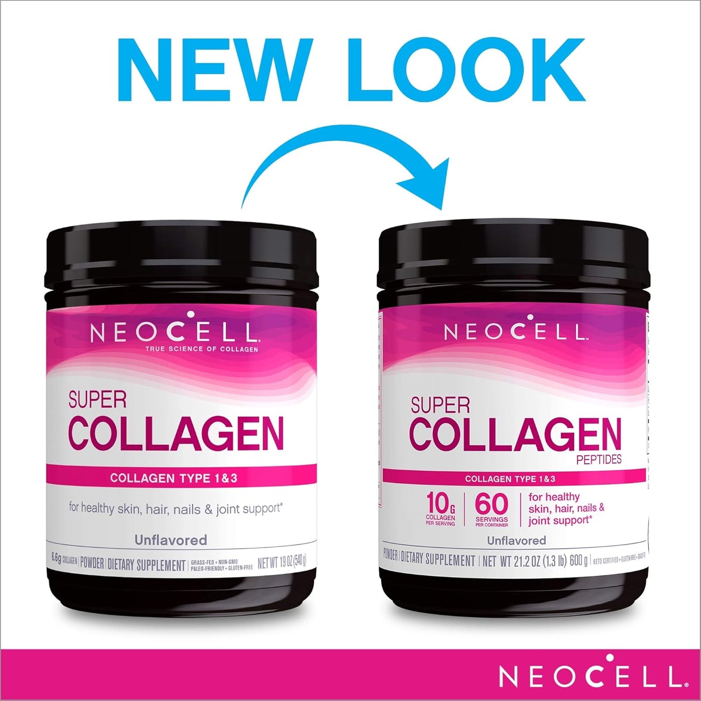 Grass-Fed Collagen Peptides Types 1 & 3, Unflavored, 21.2 oz - NeoCell Super Collagen (May Vary)