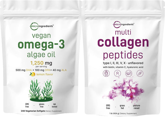Grass-Fed Collagen Peptides & Vegan Omega-3 Algae Oil Bundle - Full Spectrum Alternative to Fish Oil - 2 Pack, 16oz each