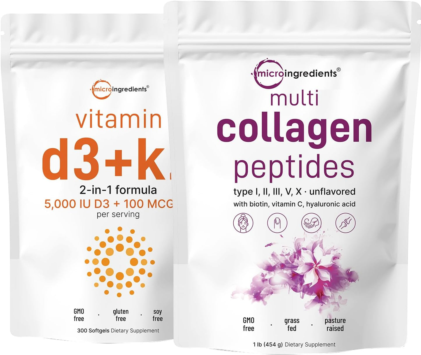 Grass-Fed Collagen Protein Powder & Essential Sunshine Vitamins Bundle - 16oz Collagen Powder, Vitamin D3 5,000iu, K2 100mcg Softgels - 2 Pack