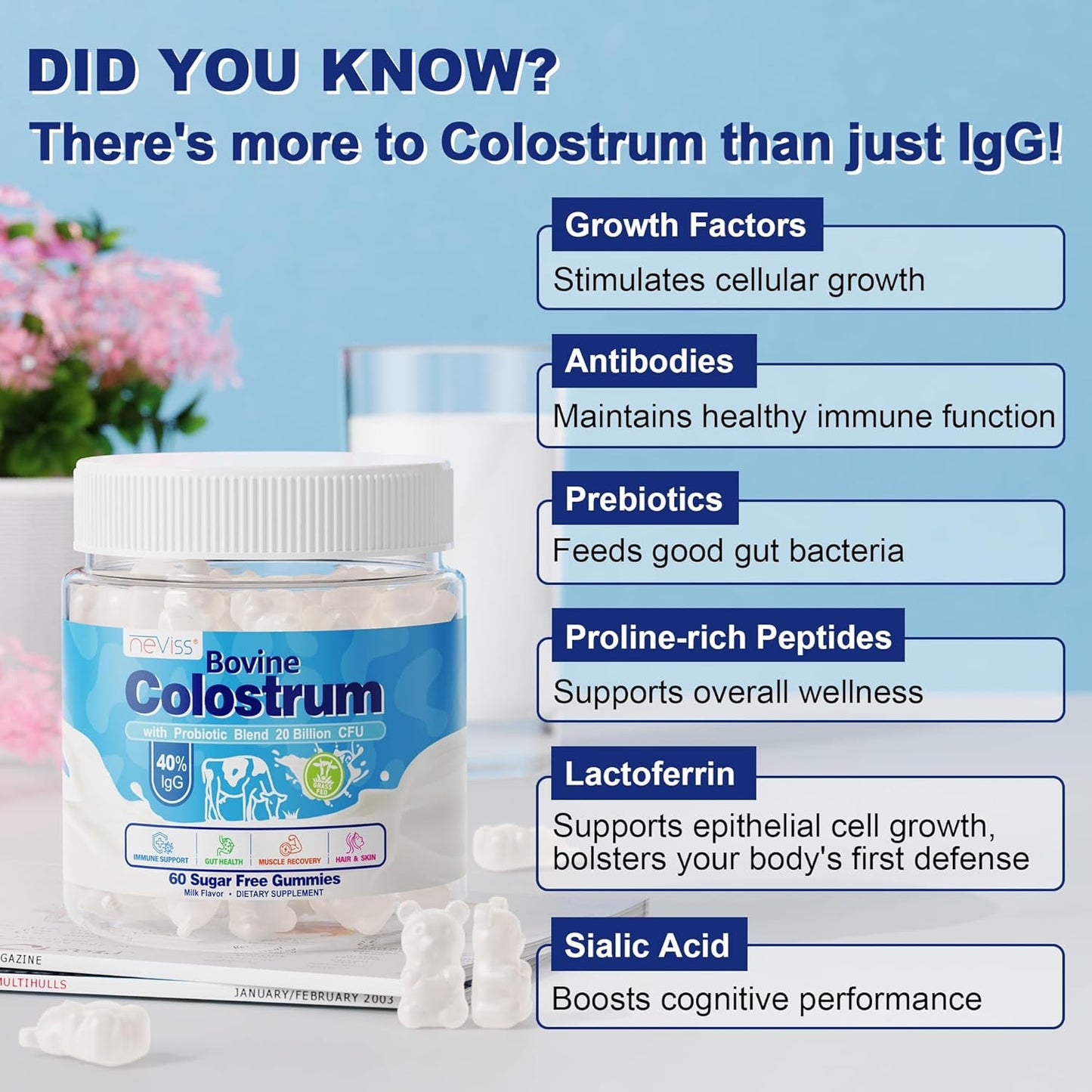 Grass Fed Colostrum Gummies with Nicotinamide - Sugar Free and 500mg Formula