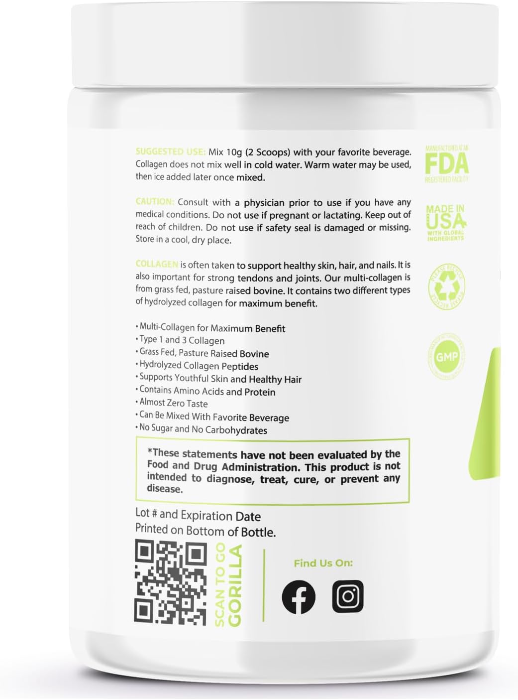 Grass-Fed Hydrolyzed Collagen Peptides by Gorilla Gulps | Type I & III | All-Natural, Non-GMO | Made in USA | Third-Party Tested