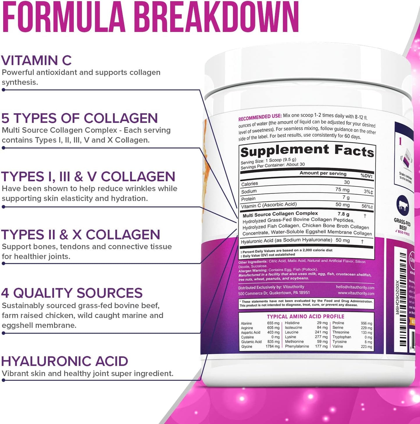 Grass Fed Multi Collagen Peptides Powder with Hyaluronic Acid and Vitamin C for Hair, Skin, and Nails - Instant Dissolving Drink Mix for Men and Women