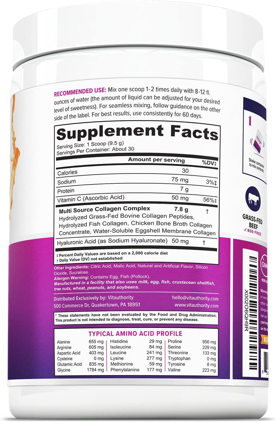Grass Fed Multi Collagen Peptides Powder with Hyaluronic Acid and Vitamin C for Hair, Skin, and Nails - Instant Dissolving Drink Mix for Men and Women