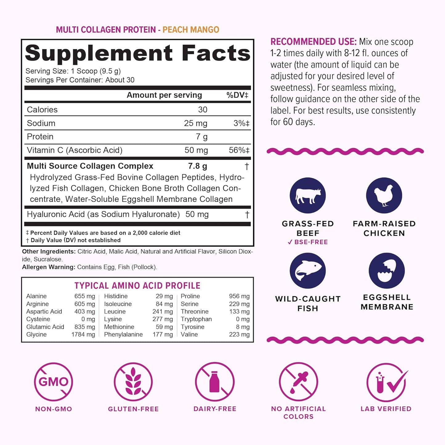 Grass Fed Multi Collagen Peptides Powder with Hyaluronic Acid and Vitamin C for Hair, Skin, and Nails - Instant Dissolving Drink Mix for Men and Women