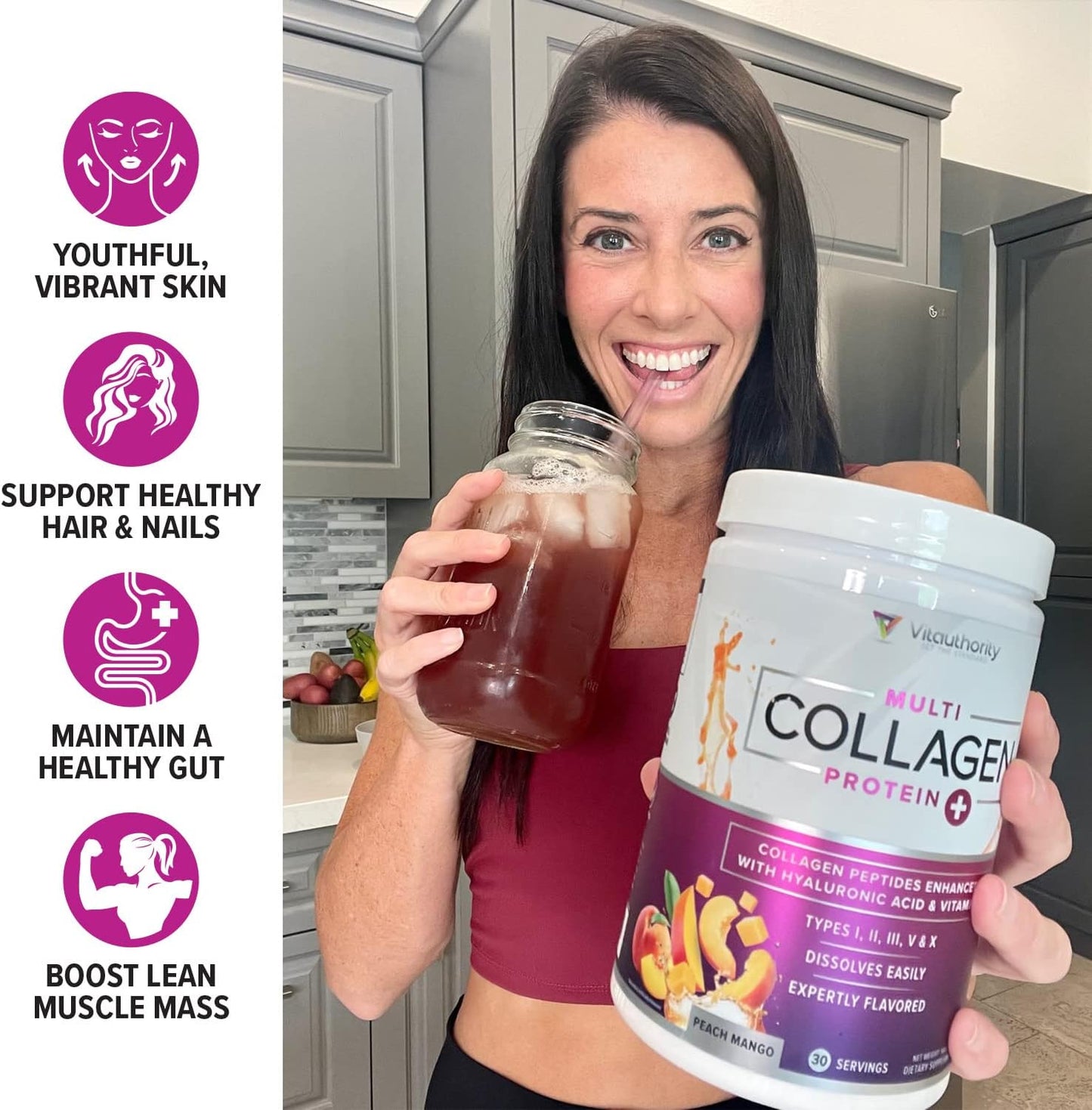Grass Fed Multi Collagen Peptides Powder with Hyaluronic Acid and Vitamin C for Hair, Skin, and Nails - Instant Dissolving Drink Mix for Men and Women