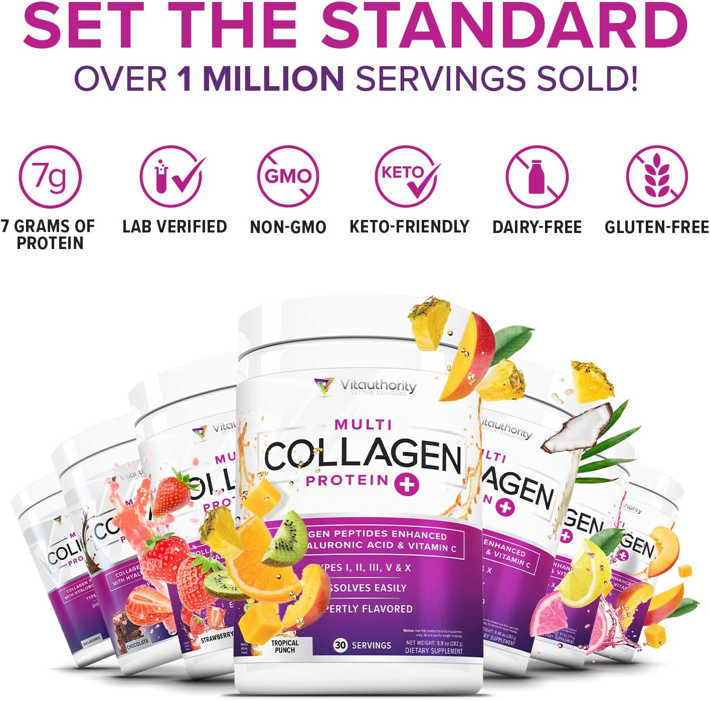 Grass Fed Multi Collagen Peptides Powder with Hyaluronic Acid and Vitamin C for Hair, Skin, and Nails - Instant Dissolving Drink Mix for Men and Women